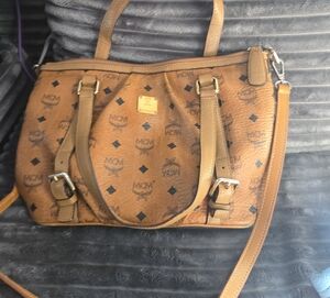 MCM Cognac Brown Monogram Leather Shoulder Bag
